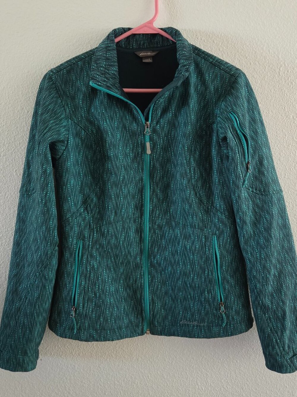 Eddie Bauer Women's Softshell Jacket Teal Green Dotted Print Fleece Lined - Size